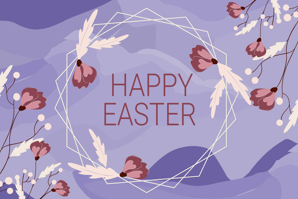 Text showing inspiration Happy Easter. Word for Christian feast commemorating the resurrection of Jesus Blank Frame Decorated With Abstract Modernized Forms Flowers And Foliage. - Foto, afbeelding
