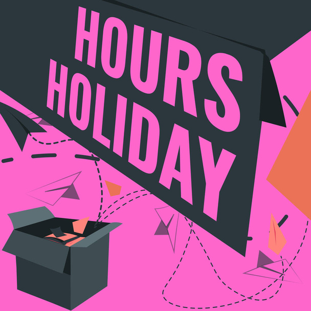 Text caption presenting Holiday Hours. Business concept Schedule 24 or7 Half Day Today Last Minute Late Closing Open Box With Flying Paper Planes Presenting New Free Ideas - Photo, image