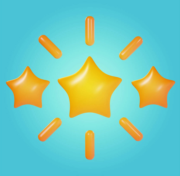 Three yellow glossy star with sunburst isolated on blue background. Realistic sweet 3d design element for quality rating. Cartoon colorful clay, plastic or soft toy. Beautiful vector illustration. - Vector, afbeelding