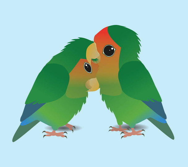 Een vector illustratie van twee perzik gezicht tortelduifjes. De vogel rechts is de vogel aan de linkerkant aan het voorbereiden. De geprepareerde vogel geniet er zichtbaar van. Heel schattig. - Vector, afbeelding