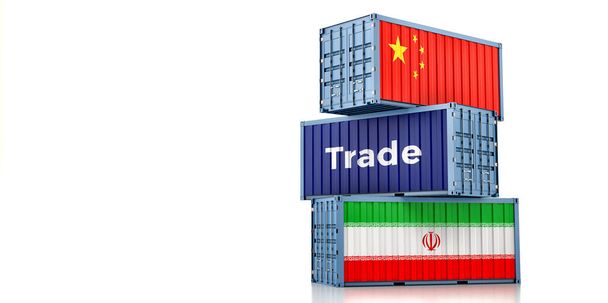 Cargo containers with Iran and China national flags. 3D Rendering - Photo, image
