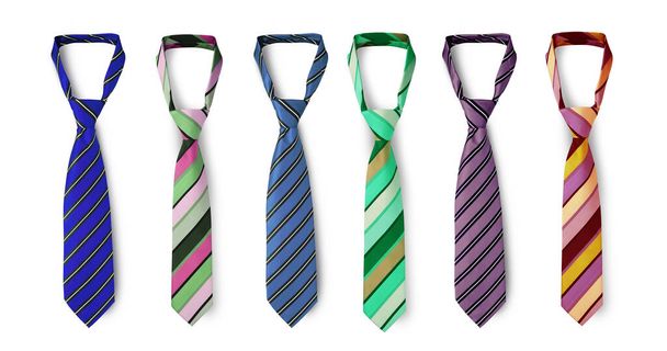 Strapped neckties in different colors, men's striped ties. Isolated on white background - Photo, image