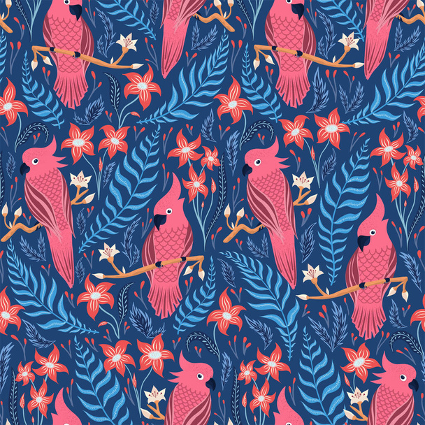 Seamless tropical pattern with birds. Colorful parrots on the tropical branches with leaves and flowers on dark. Hand drawn vector illustration - Vetor, Imagem