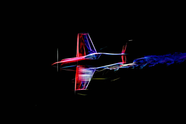 stilisiertes Sportflugzeug im Flug. Digitale Arbeit. - Foto, Bild
