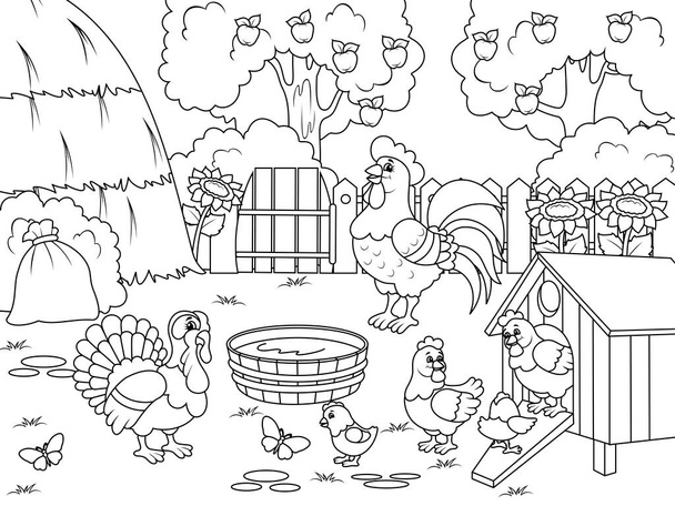 Ptačí dvůr, farma. Kuřata a krocan se procházejí po dvoře. Dětské zbarvení, černé čáry, bílé pozadí. - Fotografie, Obrázek