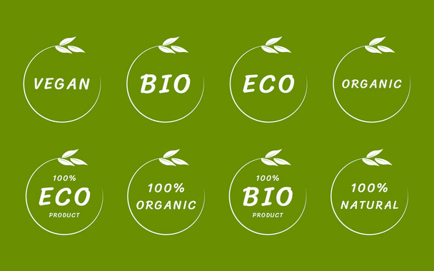 Органічні харчові етикетки, екологічні, біологічні, органічні та веганські натуральні продукти. Векторні ілюстрації
 - Вектор, зображення