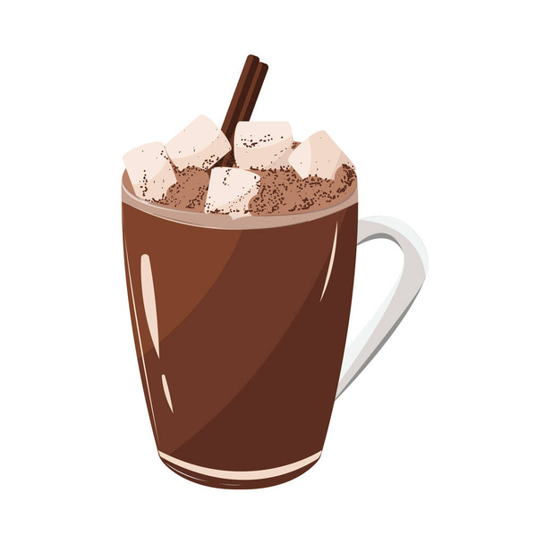 горячий шоколад в кружке с зефиром. Чашка горячего шоколада. белый фон. векторная иллюстрация - Вектор,изображение