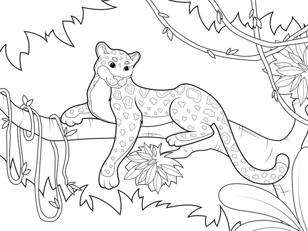 Αφρική, λεοπάρδαλη κάθεται σε κλαδί δέντρου, γύρω από creeper. Παιδικό χρωματισμό, μαύρες γραμμές, λευκό φόντο. - Φωτογραφία, εικόνα