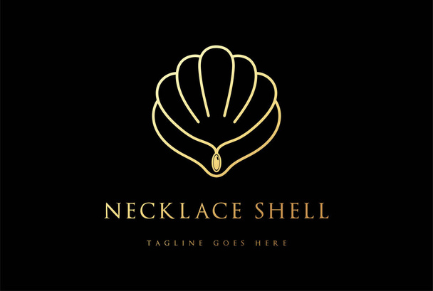 Elegant Golden Pearl Shell Scallop Oyster Seashell with Necklace for Jewelry Boutique Store Logo Design Vector - Vetor, Imagem