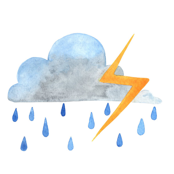 Rain cloud, rain and thunder in storm and rainy day weather forecast sign watercolor illustration. - Foto, Imagen
