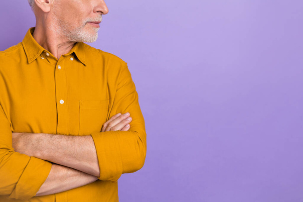 Cropped photo of senior man folded hands look empty space attorney isolated over violet color background - 写真・画像
