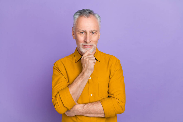 Photo of agent elder white hairdo man hands face wear yellow shirt isolated on purple color background - Photo, Image