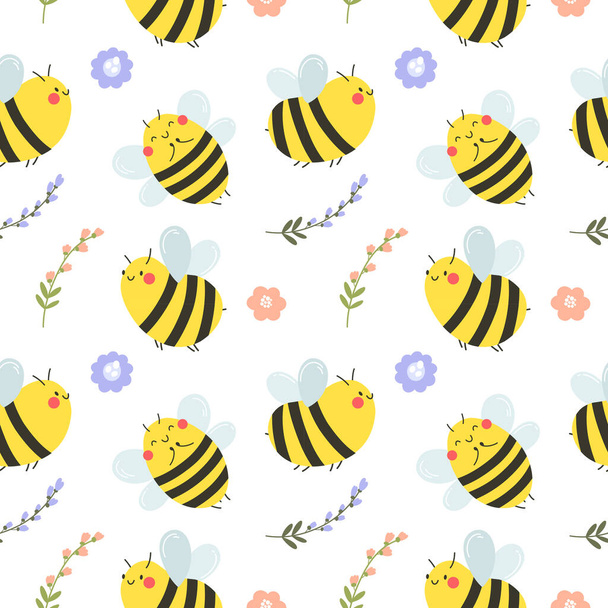 Απρόσκοπτη μοτίβο με χαρούμενες μέλισσες και λουλούδια. Διανυσματικό μοτίβο. Μεγάλη για χαρτί περιτυλίγματος, φόντο ή ύφασμα εκτύπωσης. - Διάνυσμα, εικόνα