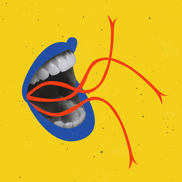 Contemporary art collage. Giant female mouth with blue lipstick cheerfully and actively talking isolated over yellow background - Foto, immagini