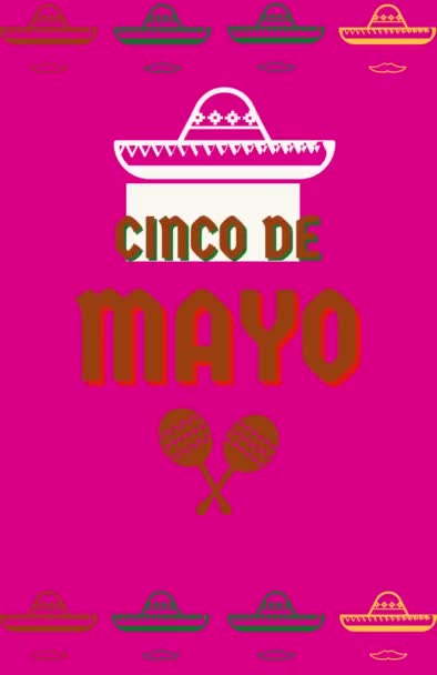 Иллюстрация с дизайном к мексиканскому празднику 5 мая может быть Синко Де Майо. шаблон с традиционными мексиканскими символами череп, мексиканское тако, шляпа, красный перец и помпон на желтом фоне - Кадры, видео