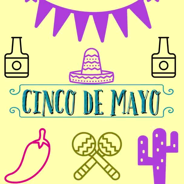 メキシコの休日5のデザインの美しいイラストは、シンコ・デ・マヨかもしれません。黄色の背景に伝統的なメキシコのシンボル頭蓋骨、メキシコのタコ、帽子、赤唐辛子とポンポンとテンプレート - 映像、動画