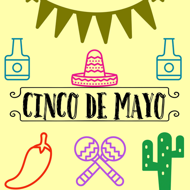 Beautiful illustration with design for Mexican holiday 5 may Cinco De Mayo. template with traditional Mexican symbols skull, Mexican taco, hat, red pepper and pom pom on yellow background - 写真・画像