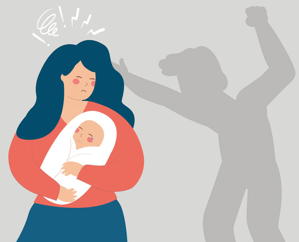 Een moeder beschermt haar pasgeboren baby tegen de schaduw van een man die hem bedreigt. Begrip gezinsmisbruik, huiselijk geweld, moederschap, negatief ouderschap. Stop het pesten van kinderen en vrouwen. Vectorvoorraad - Vector, afbeelding