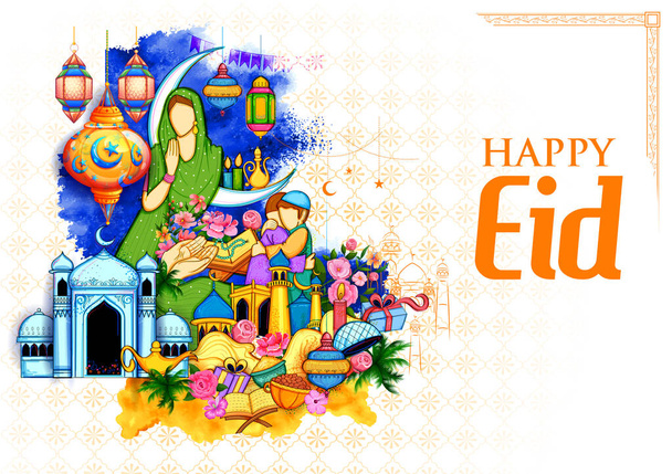 Eid Mubarak means Happy Eid Ramadan Kareem greetings for Islam religious festival - Vector, Image