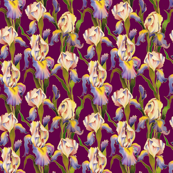 Bright hand-painted watercolor flowers of Iris. Seamless pattern. Idea for decoration and design. High quality photo - Zdjęcie, obraz