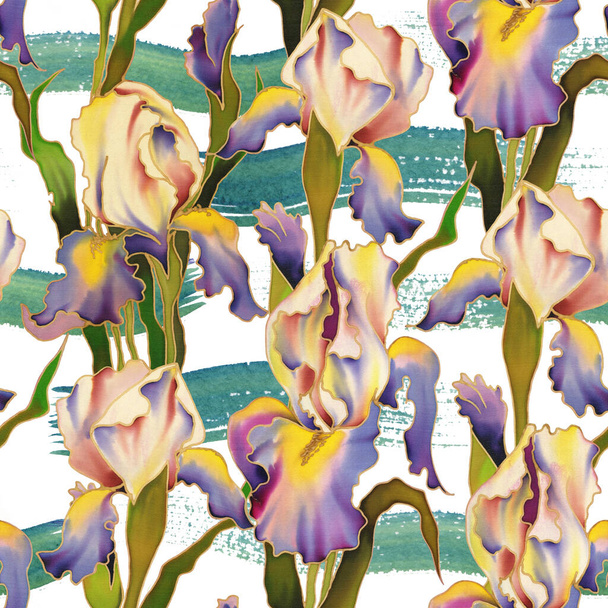 Bright hand-painted watercolor flowers of Iris. Seamless pattern.  - Foto, Bild