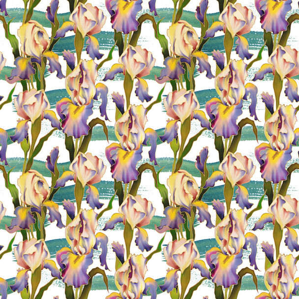 Jasne ręcznie malowane akwarelowe kwiaty Iris. Płynny wzór. Pomysł na dekorację i design. Wysokiej jakości zdjęcie - Zdjęcie, obraz