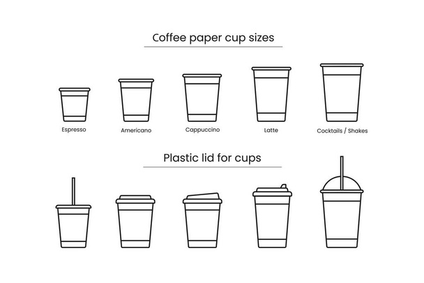 set of icons with paper cups for coffee of different sizes and different lids. vector illustration design isolated on white background - Vector, Image