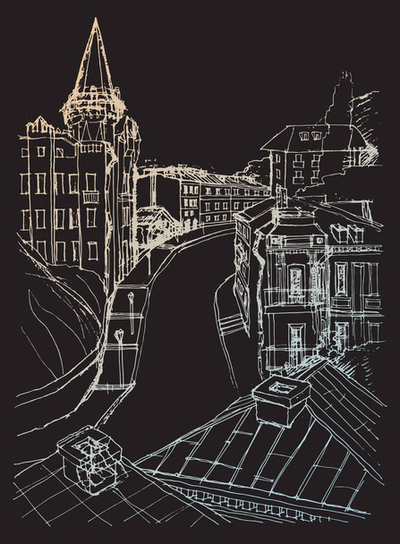Vector trace of hand drawn sketch of architecture urban skyline, ancient buildings on the old street in Kyiv, Ukraine. Blue gold doodle drawing on a black background  - Vector, Image