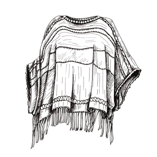 42_poncho realistic mexican poncho clothingdrawing linear, cinco de mayo festival, traditional mexican holiday celebration , element for poster, congratulations, invitation, vintage symbol black and white - Vector, Image