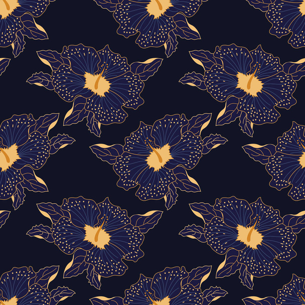 Motif sans couture, fleurs et feuilles bleues dessinées avec un contour doré sur un fond bleu. Impression, textile, papier peint, décor pour linge pastel - Vecteur, image