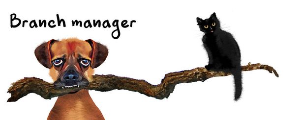 Intensywnie wyglądający pies trzyma gałązkę drzewa w zębach, gdy kociak balansuje na końcu. Jest oznaczony jako Branch Manager. To trójwymiarowa ilustracja.. - Zdjęcie, obraz