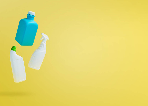 Caída en el aire en blanco botellas químicas domésticas para limpiar la casa - Foto, Imagen
