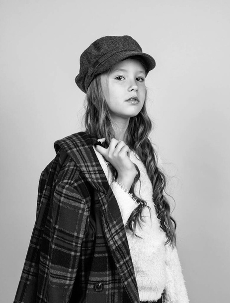 child in headwear and checkered jacket, retro trend - Photo, Image