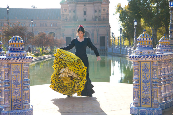 Woman dancing flamenco in black gypsy costume with yellow polka dots and red flower in her hair holding out her hands as she dances in the park in seville. flamenco cultural heritage of humanity. - Foto, Imagem
