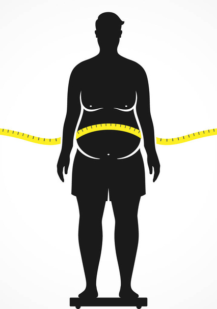 Egy kövér ember áll a mérlegen egy mérőszalaggal a teste körül, vektor illusztráció. - Vektor, kép