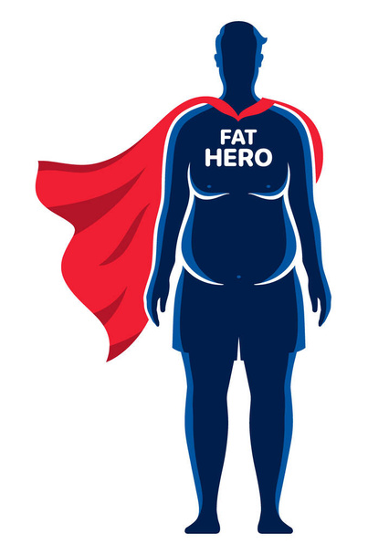 Un personaje vectorial divertido superhéroe gordo con una capa roja ondulante, aislado sobre fondo blanco - Vector, imagen