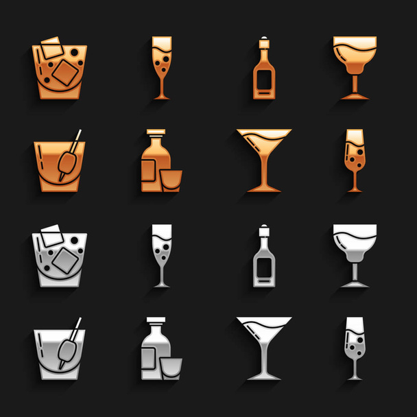 Set Alcohol drink Rum, Wine glass, Glass of champagne, Martini, Cocktail Bloody Mary, Champagne bottle, whiskey and icon. Vector - Διάνυσμα, εικόνα