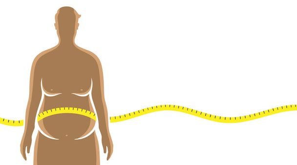 A fat man with a yellow tape measure around his body, vector illustration, isolated on background. - Vecteur, image