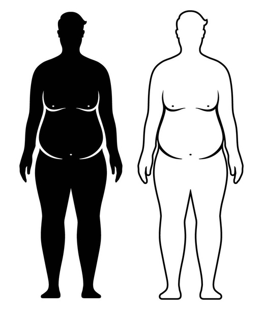 Vektorkészlet túlsúlyos ember fekete sziluett és vázlat. Kövér férfi test izolált háttér - Vektor, kép