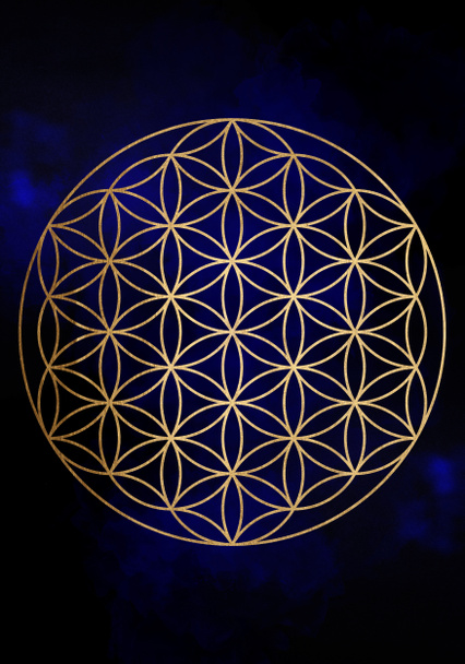 Semilla Flor de la vida icono de loto, yantra mandala geometría sagrada, símbolo dorado de armonía y equilibrio. Color azul Talismán místico, líneas doradas aisladas sobre fondo negro - Foto, imagen