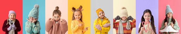 Багато маленьких дівчат в зимовому одязі на барвистому фоні
 - Фото, зображення