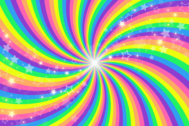 Arco iris remolino fondo con estrellas. Gradiente radial arco iris de espiral retorcida. Ilustración vectorial. - Vector, imagen