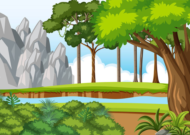 Escena natural con ilustración de árboles y campos - Vector, Imagen