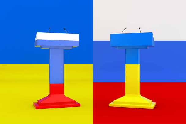 Russia and Ukraine Negotiation Concept. Speech Podium Tribune with Microphones in Colors of Ukraine and Russia Flags in front of Ukraine and Russian Flags background. 3d Rendering  - 写真・画像