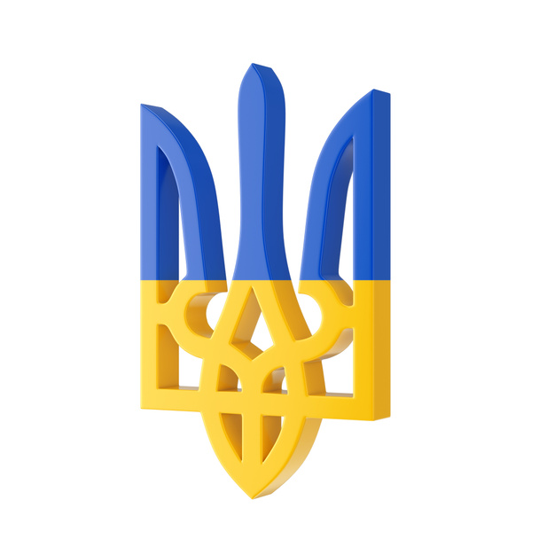 Herb z flagą Ukrainy, godło narodowe Ukrainy, żółty i niebieski ukraiński trójząb na białym tle. 3d Renderowanie  - Zdjęcie, obraz