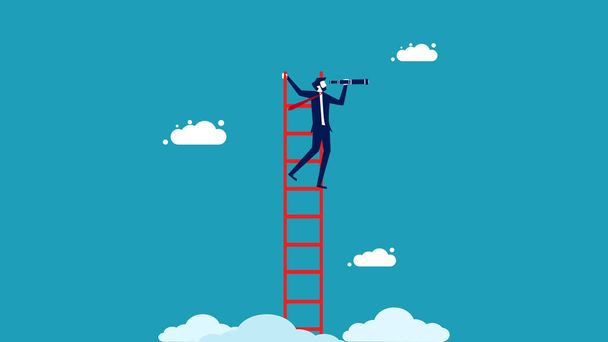 Ladder of success. Search for business opportunities. Businessman walking up stairs looking through binoculars with vision. vector - Vetor, Imagem