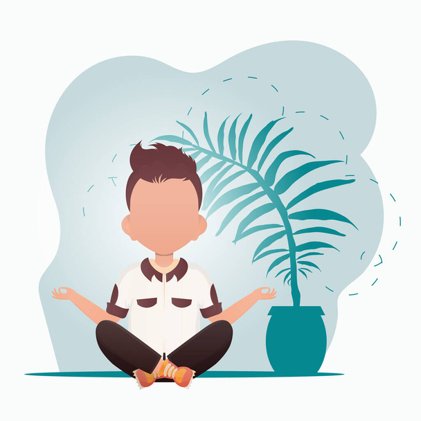 A cute little boy is doing yoga in the room. Healthy life concept. Cartoon style. Vector illustration. - Vetor, Imagem