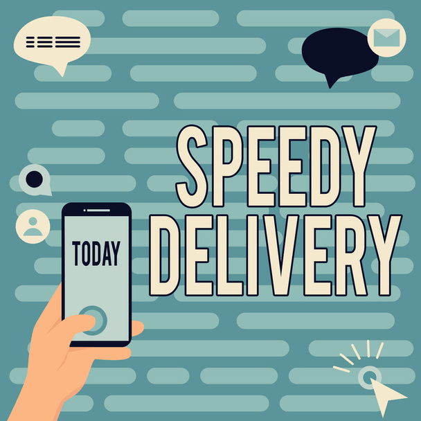 Inspiration showing sign Speedy Delivery. Concept meaning provide products in fast way or same day shipping overseas Hands Holding Technological Device Pressing Application Button. - Foto, immagini