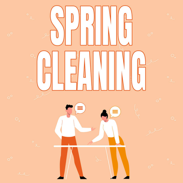 Tekst pisma Spring Cleaning. Praktyka biznesowa gruntownego sprzątania domu wiosną Partnerzy dzielący się nowymi pomysłami na doskonalenie umiejętności Strategie pracy. - Zdjęcie, obraz