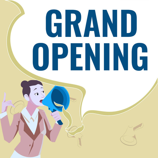 Text showing inspiration Grand Opening. Business concept Ribbon Cutting New Business First Official Day Launching Female leader holding a megaphone expressing encouraging ideas. - Фото, зображення